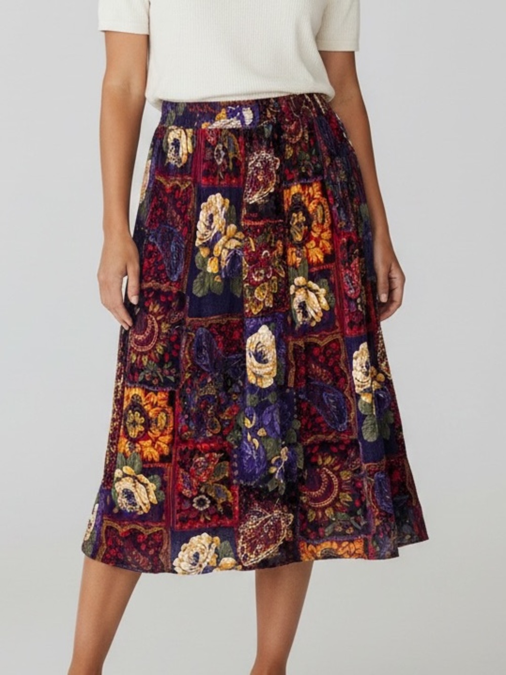 Michelle Leslie Boho Floral Patchwork Look Midi Skirt Rayon Festival Cottagecore